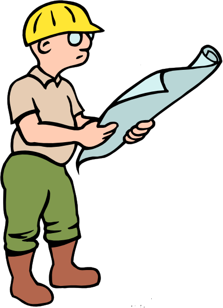 The illustration shows a cartoon man holding up blueprints while standing next to an open umbrella on what appears to be a construction site with building materials in the background.
