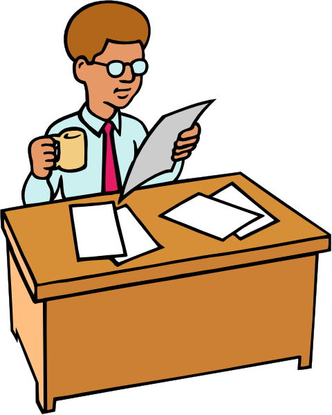 The illustration shows a man sitting at an office desk with papers scattered around him; he is holding a cup of coffee in his hand while reading from it.
