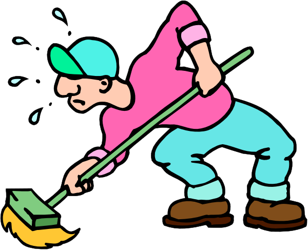 The illustration shows a man with a mop bending over to pick up money on the ground while looking down at it.