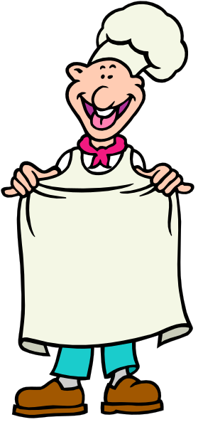 The cartoon shows a chef standing with his hands on hips behind an open pizza box lid that is covering him from head to toe; he's wearing blue pants and has white hair.