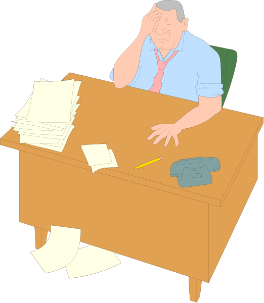 The illustration depicts a man sitting at his desk with papers scattered around him; he is holding his head while looking downward in apparent frustration or concern.