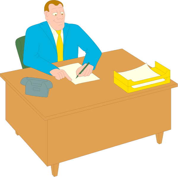 The illustration depicts a man sitting at an office desk with papers on it, writing something down while another person is standing in front of him holding out documents to sign; both individuals appear focused on their tasks within this professional setting.