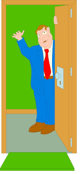 The cartoon shows a man standing inside an open door of a room with his arms outstretched as if he's waving goodbye to someone outside who is also holding their hands up in greeting, suggesting farewell or hello gesture; both characters appear friendly and are dressed professionally.