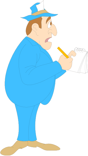 The cartoon depicts a man dressed as an officer writing on paper while standing next to another figure who is also wearing blue attire but without any visible face features; both characters appear in front of what looks like a building with windows, and there's no text present within this image.