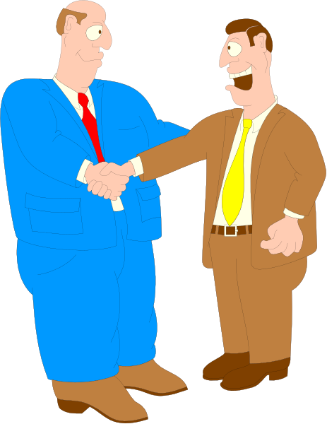 The cartoon depicts two men shaking hands; both wear suits with ties, suggesting a formal occasion such as business meeting.