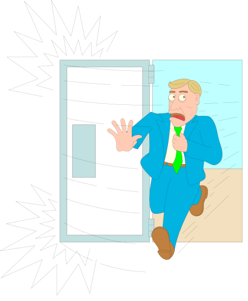 The cartoon depicts a man dressed as an agent running out of a door with his arms spread wide open to catch someone's attention while looking surprised at something off-frame.