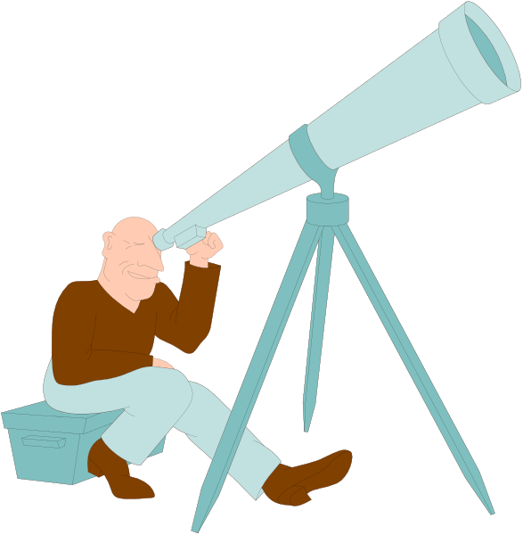 The image shows a man sitting on his knees next to an astronomical telescope with two different views: from above looking down at him using binoculars (top) and another view showing only the lower half of the person, including their legs crossed in front of them while they are still holding onto the tripod.