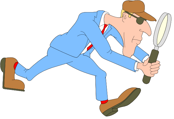 The cartoon depicts a man dressed as Sherlock Holmes running with magnifying glasses over his eyes while holding onto a hat in one hand and boots in another.