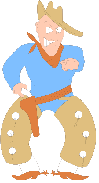 The image shows a cartoon of an animated cowboy character standing on his knees with arms outstretched as if dancing in front of him; he is wearing chaps, boots, and has a gun holster around one hip.