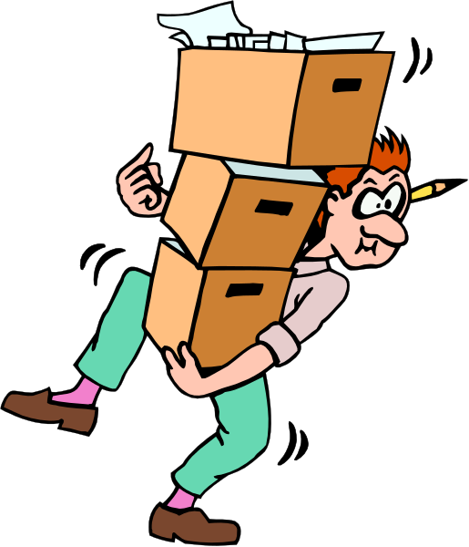 The cartoon shows a man carrying two boxes on his back while walking forward with an exaggeratedly large smile.
