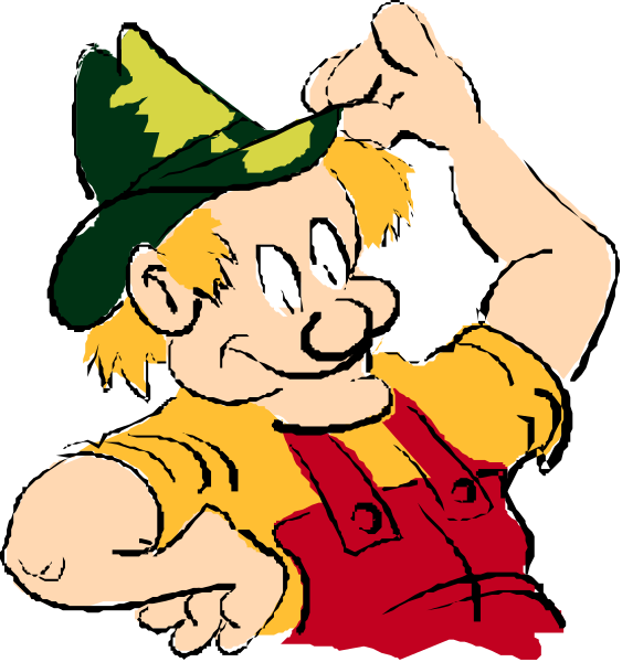 The image shows a cartoon of two characters: on top left, there is an animated character with blonde hair wearing overalls; below him to his right in black-and-white, another animated figure resembles a gnome and has pointed ears, holding up its hat as if it's waving. The background appears plain white without any distinguishable features or setting details that can be confidently described from this image alone.