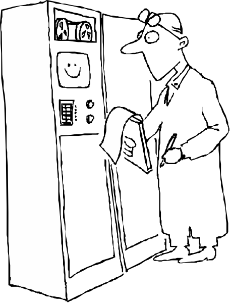 The black and white photo shows a refrigerator with an open door revealing its interior contents; above it hangs what appears to be a small television set displaying two cartoon faces on screen. To the right of this image, there is another smaller picture showing a person in religious attire standing next to a microwave oven that has buttons and dials visible atop it.