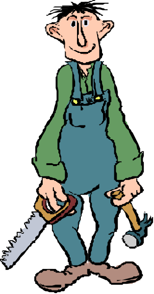 The cartoon shows a man with overalls standing next to tools like pliers and wrenches while holding a hammer in his hand; he is smiling at something off-frame.