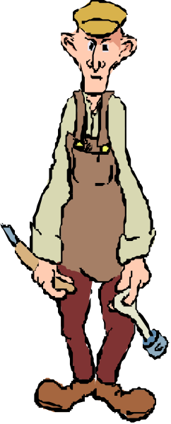 The image shows a cartoon of an old man with tools standing next to him on his workbench.