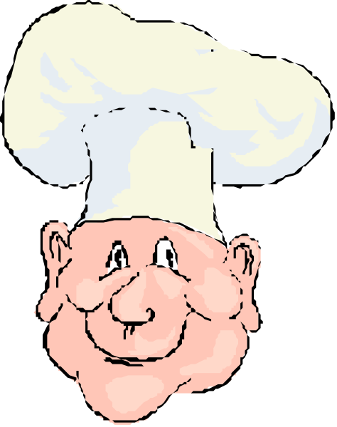 The image shows a cartoon of an animated chef's head with exaggerated facial features such as large eyes and eyebrows, wearing a white hat typically associated with chefs.