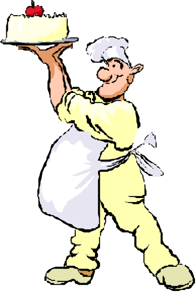 The cartoon depicts a chef holding up a cake with an apple on top while standing next to another person who is also wearing yellow clothing; both individuals appear happy in their respective roles as bakers.