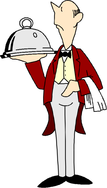 The image shows a cartoon of an older man dressed as a chef holding up his hat with both hands while standing next to what appears to be a bell on top of some papers in front of him; he is wearing white pants and has gray hair, suggesting that it's likely meant for humorous or comedic effect.