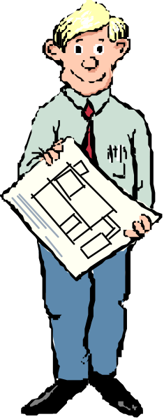 The image shows a cartoon of an adult male holding blueprints while standing next to what appears to be architectural drawings on paper. He is wearing glasses with black frames over his eyes and has short hair. His attire consists of a light-colored shirt, dark pants, and he's smiling at the viewer. The background behind him seems plain without any distinct features or objects that can be identified confidently due to its simplicity in coloring.