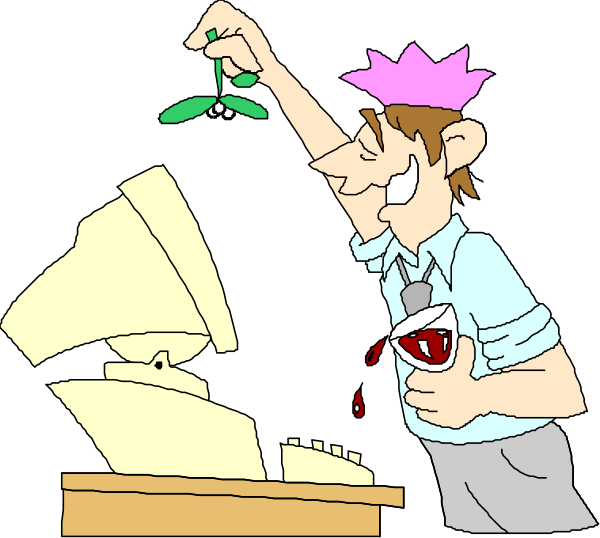 The cartoon shows a man pouring wine into his glass while standing at an office desk with computer equipment around him; he is wearing glasses on top of his head as if it's raining outside.