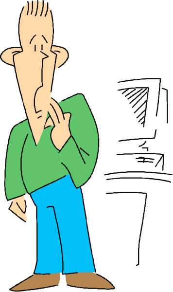 The cartoon shows a man with his hand on his chin standing next to an open door frame against a dark background; he is wearing blue jeans and has short hair.