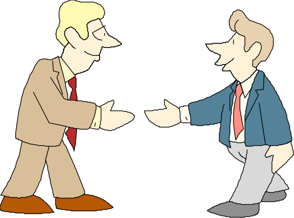The cartoon shows two men shaking hands with each other while a third man looks on from behind them; all three characters appear to be in business attire standing against a dark background.