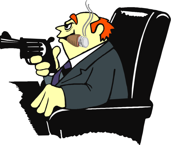The cartoon depicts a man sitting on an office chair with his legs crossed over each other while holding a cigarette to his lips; he is wearing glasses and has red hair. He appears relaxed but focused as indicated by him looking down at something out of frame, possibly papers or documents in front of him that are not visible within the image's boundaries. The man seems to be engaged with some form of work-related task on a desk which also holds an open laptop computer and other office supplies such as pens and pencils; however, these items do not occupy significant space within the
