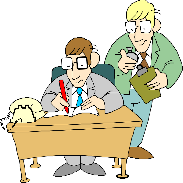 The cartoon shows a man sitting at an office desk with papers on it, writing something down while another person stands behind him holding out what appears to be a clipboard for reviewing documents; both characters wear glasses and have short haircuts.