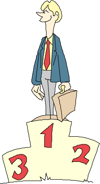 The illustration shows a cartoon of an adult male figure standing on top of three numbered podiums with numbers 1 through 3 in ascending order; he is holding briefcase-like objects, wearing business attire and has short hair. He appears to be looking down at the viewer from above as if posing for a photo or award ceremony. The background is plain black without any additional details that provide context about location or setting.