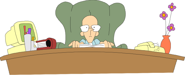 The cartoon shows a man sitting at an office desk with papers on it; he is wearing glasses and has gray hair. Behind him sits another character who appears to be reading something off-screen while holding what looks like a book in their hands, also dressed similarly but without eyeglasses or visible facial features due to the angle of view. The setting includes an office chair with wheels on it next to the desk where there is a vase and some papers scattered around; above them hangs a small purple flower decoration.
