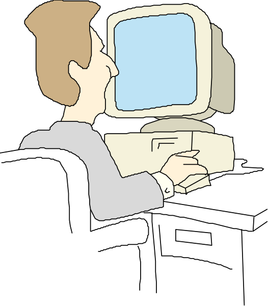 The cartoon depicts a man sitting at an old computer with a large monitor screen displaying blue static lines; he is looking intently into it while holding his chin in thoughtful contemplation.