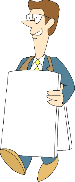 The cartoon shows a man holding an open newspaper while walking down a street with his hands behind him; he is wearing glasses on top of his head and has brown hair.