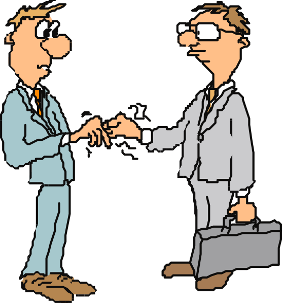 The image shows a sequence of three panels with two men shaking hands across each panel:

1) In the first panel on top left, there is one man in blue suit holding out his hand to another man who has just walked up and extended his own right arm for their shake. Both are smiling at each other. The background appears dark but suggests an indoor setting with a hint of light coming from above or behind them.
2) In the middle panel, both men continue shaking hands while maintaining eye contact; they seem to be in mid-shake as if just beginning it. Their expressions