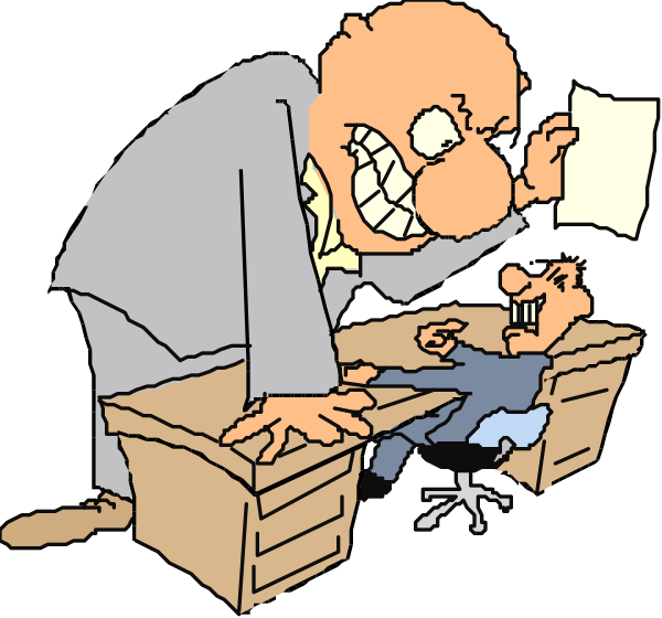 The cartoon shows a man sitting at his desk with papers scattered around him; he is holding up an open drawer of another office chair that has been pushed into it by someone off-screen who appears to be angry, as indicated by their facial expression and posture.