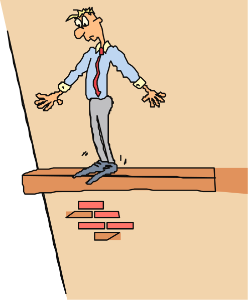 The cartoon shows a man standing on top of two blocks with his arms outstretched as if he's about to fall off them; there is no background detail provided in this image.
