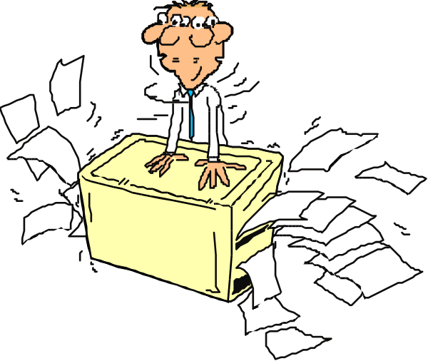 The cartoon depicts a man standing on top of papers that appear to be falling from an open briefcase onto his feet; he is wearing glasses and has short hair with graying temples.
