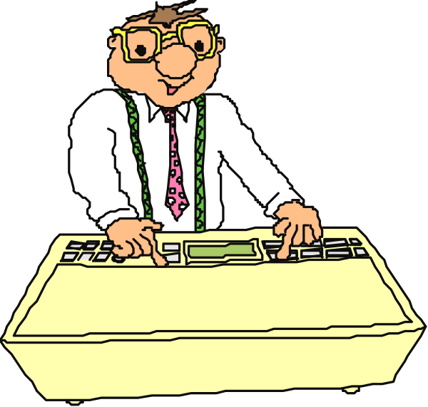 The image shows a cartoon of two hands playing an organ with music notes above them on black keys against a white background; there is no text present in this clip-art illustration.