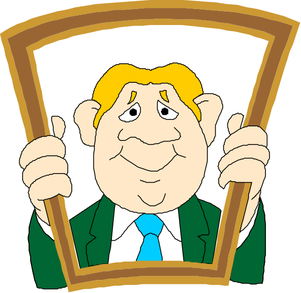 The cartoon shows a man holding up two framed pictures of himself with different expressions; he is wearing glasses and has blonde hair.