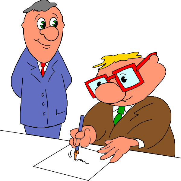 The cartoon depicts a man signing papers at his desk while another person watches him attentively from behind.