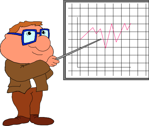 The cartoon shows two men standing next to a chalkboard with graphs on it; both characters have glasses, blue shirts, brown pants, one is pointing at something while holding what appears to be an eraser and the other has his hands behind him looking forward.