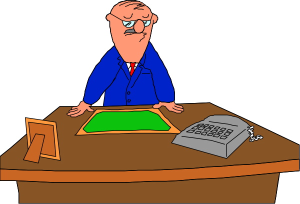 The cartoon depicts a man sitting at an office desk with papers on it; he is wearing glasses and has his hands clasped together in front of him as if listening intently to someone speaking off-camera, which appears to be another person who isn't visible within this frame.