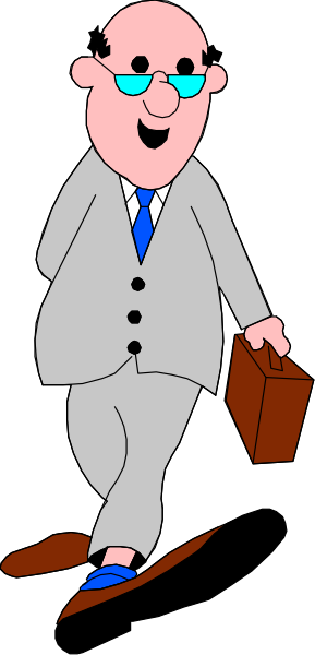 The cartoon shows a man dressed as an executive walking with his briefcase while smiling at something off camera; he is wearing glasses and carrying a brown suitcase in one hand.