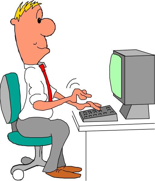 The cartoon depicts a man sitting at his desk using a computer with both hands on the keyboard while looking upwards to something off-frame.