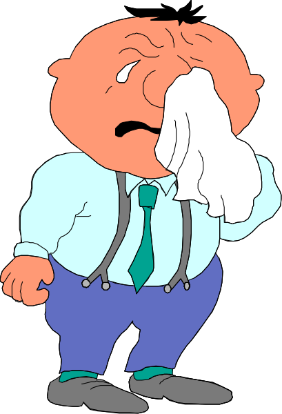 The cartoon shows a man with his hand to his face as if he's wiping away tears while holding what appears to be a tissue in one hand; there is no text present on this image.