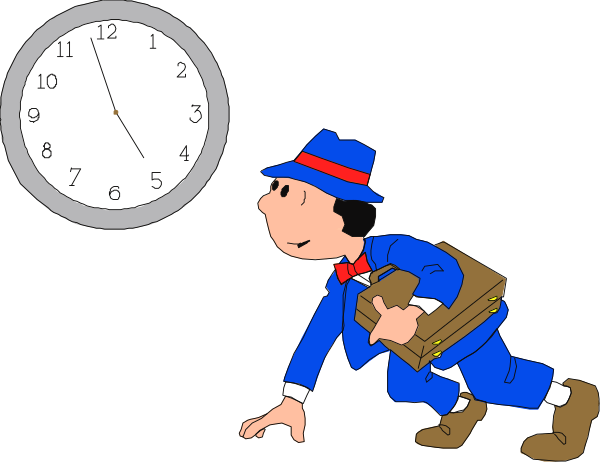 The cartoon shows a man dressed as an explorer running between two clocks with his hands on them; he is wearing blue shorts, brown shoes, and carrying luggage while looking at one of the clocks.