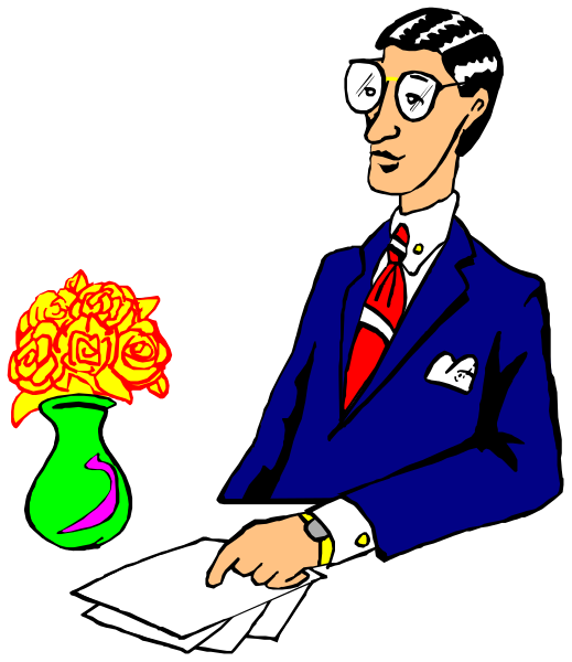The illustration shows a man wearing glasses sitting at his desk with an envelope on it next to him; he is holding up one finger as if making a point while looking directly ahead of himself.