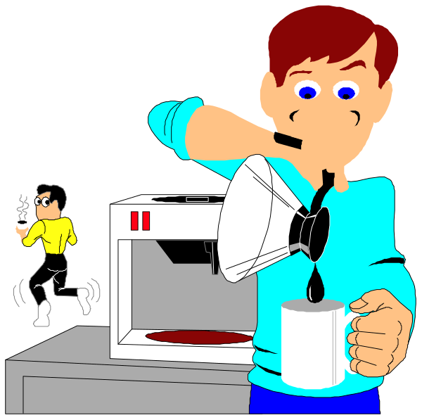 The cartoon shows a man pouring coffee from an espresso machine into two cups while standing next to it on what appears to be a kitchen counter with various appliances in the background; there is also another person running past him, and three other people appear as small figures atop the machines.