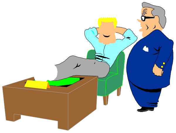 The cartoon shows a man sitting on an office chair with his feet up while another person stands behind him holding papers; both characters appear to be in conversation within what looks like an office environment.
