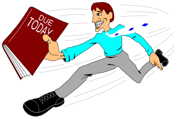 The cartoon shows a man running with an open book titled "DUE TODAY" flying behind him as if being blown by wind; he is wearing blue jeans and has brown hair.