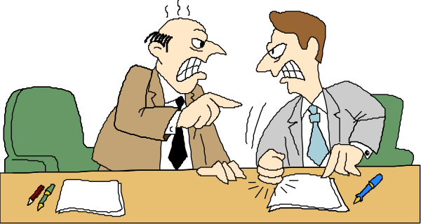 The cartoon shows two men sitting at a desk with papers on it; both have exaggerated facial expressions: one is pointing while speaking animatedly to another who appears surprised or confused by his gestures.