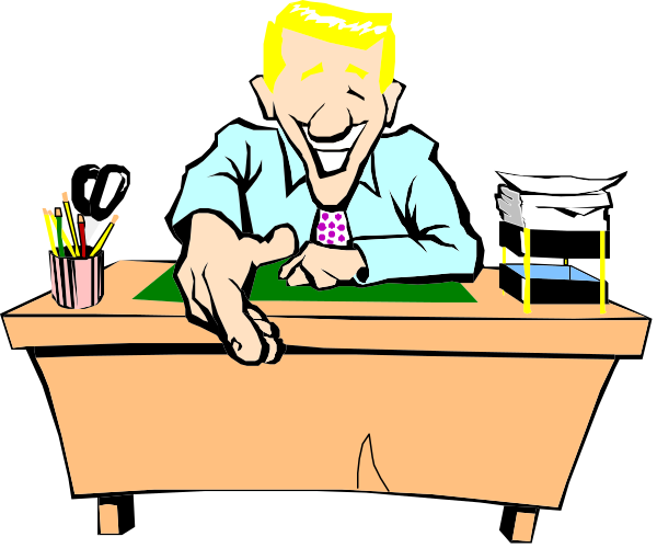 The cartoon shows a man sitting at his desk with an exaggeratedly large hand pointing towards him from outside of himself on top of some papers; he is in front of a computer monitor displaying another image, and there's a potted plant to one side.